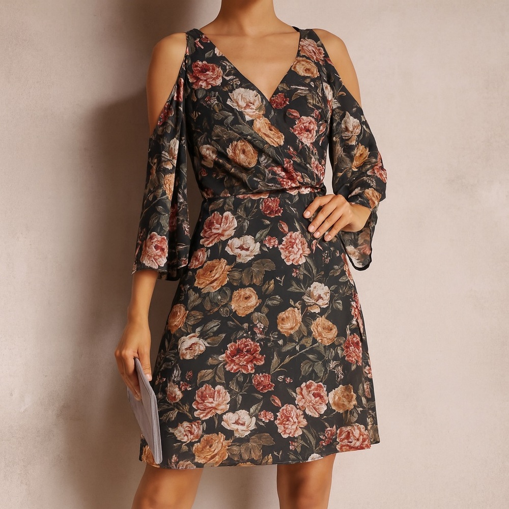Alexia Admor Black Floral Cold Shoulder Dress Size Medium